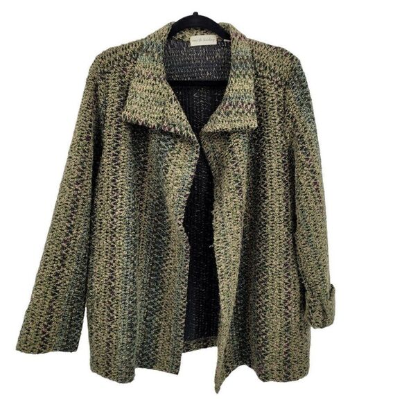Vtg Blazer Granny Core Cardigan Nobby Knit Textured Asymmetrical Green Striped M - Picture 1 of 10
